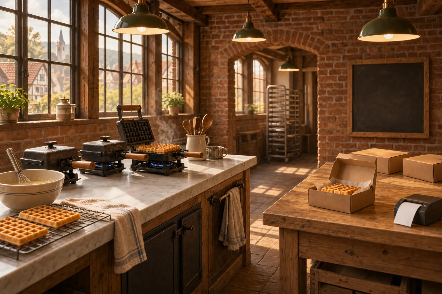 Die Backstube der Manufaktur: gusseiserne Waffeleisen auf Gasflammen, Teigschüssel und Kartons im Morgenlicht