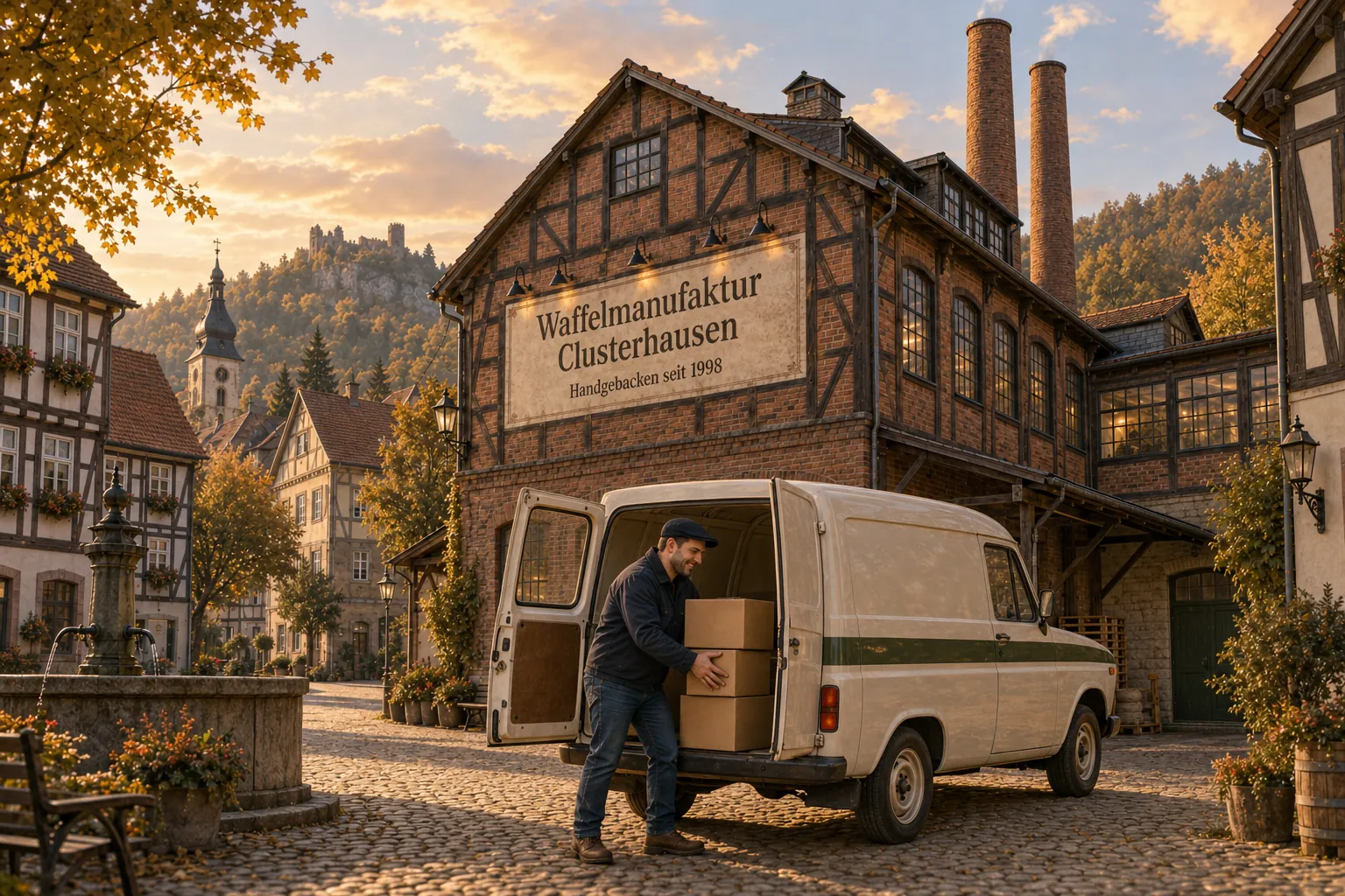 Carl Cuberneties lädt am Marktplatz drei Kartons in seinen cremeweißen Kastenwagen, dahinter die Manufaktur mit dem Schriftzug Waffelmanufaktur Clusterhausen