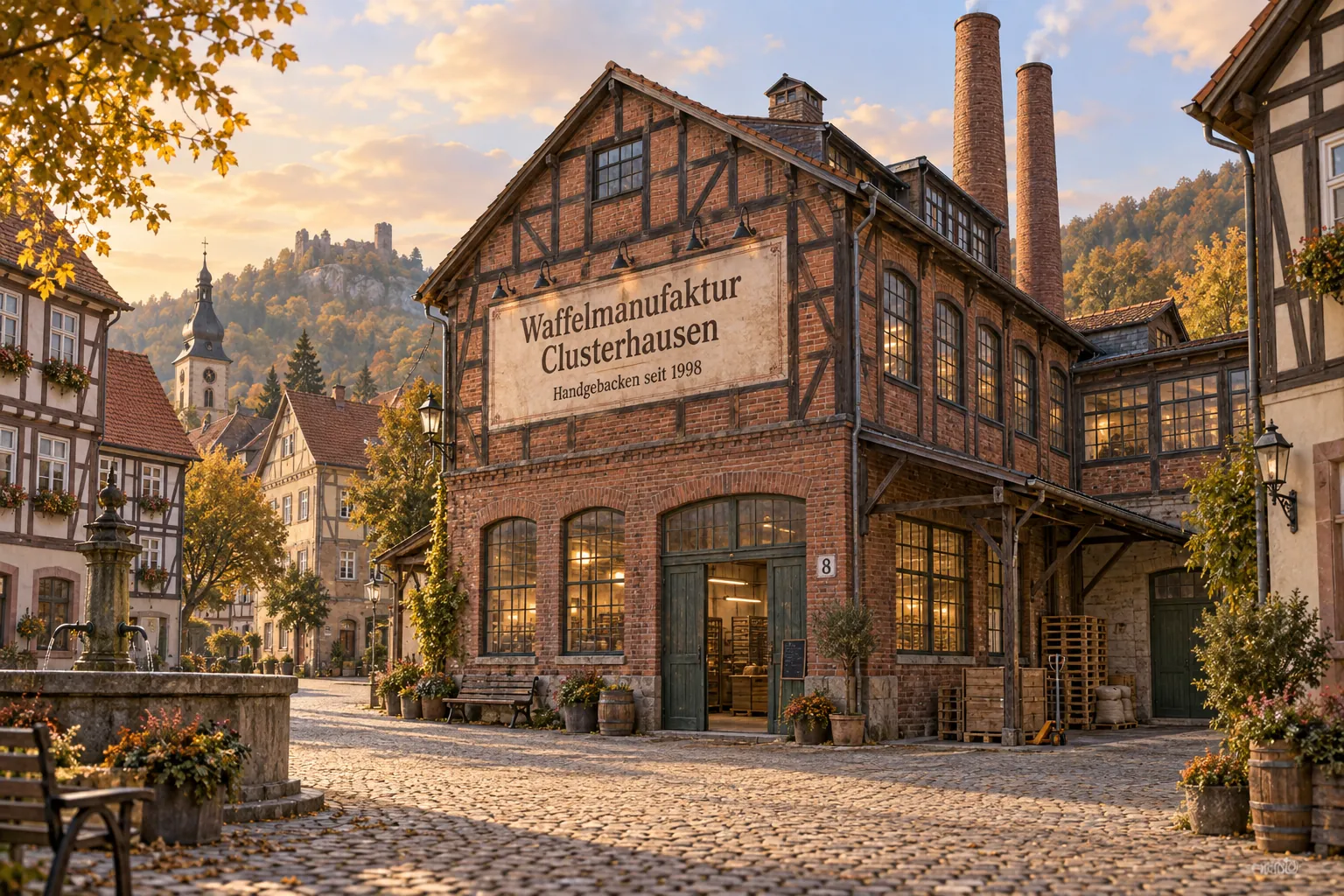 Die Waffelmanufaktur Clusterhausen am Marktplatz: ein altes Fabrikgebäude aus Backstein und Fachwerk mit zwei Schornsteinen im Abendlicht