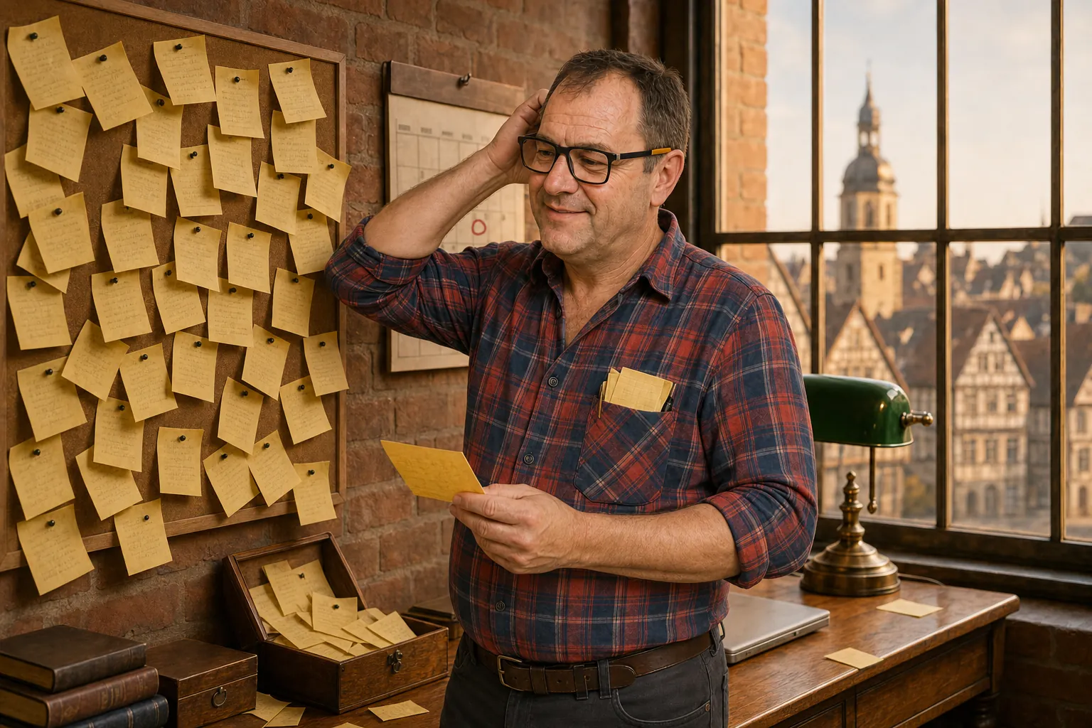 Konrad Ansbach steht ratlos lächelnd vor einer Pinnwand voller gelber Zettel. Im Kalender hinter ihm ist ein Tag rot eingekreist