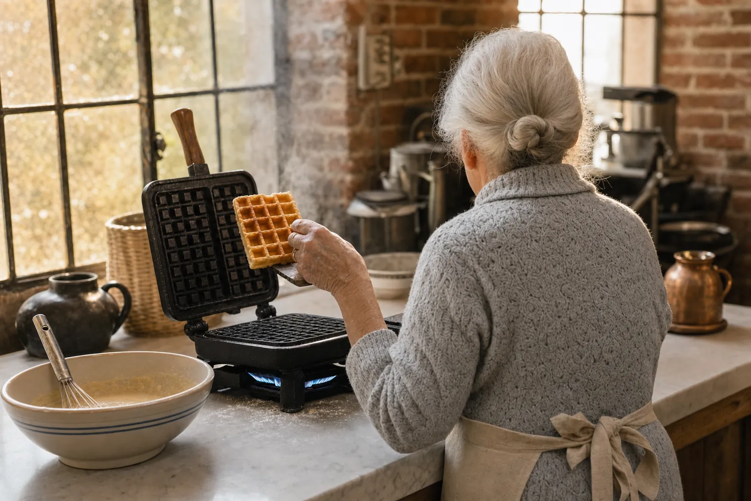 Oma von hinten am gusseisernen Waffeleisen: weißer Dutt, graue Strickjacke, sie hebt eine Waffel aus dem Eisen. Ihr Gesicht ist nicht zu sehen