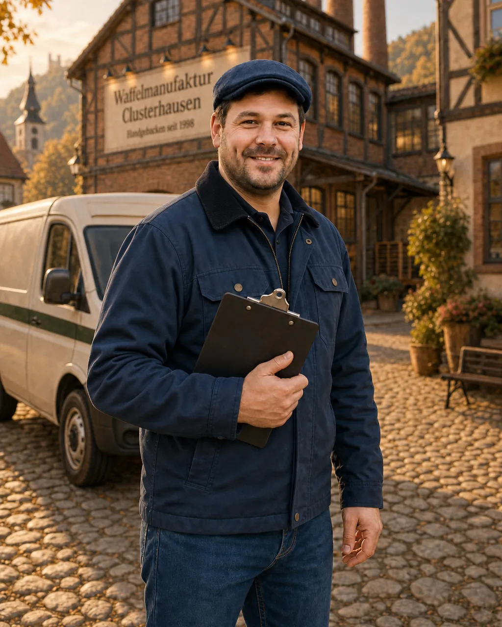 Carl Cuberneties mit Klemmbrett vor seinem Kastenwagen am Marktplatz: dunkelblaue Arbeitsjacke und Schiebermütze